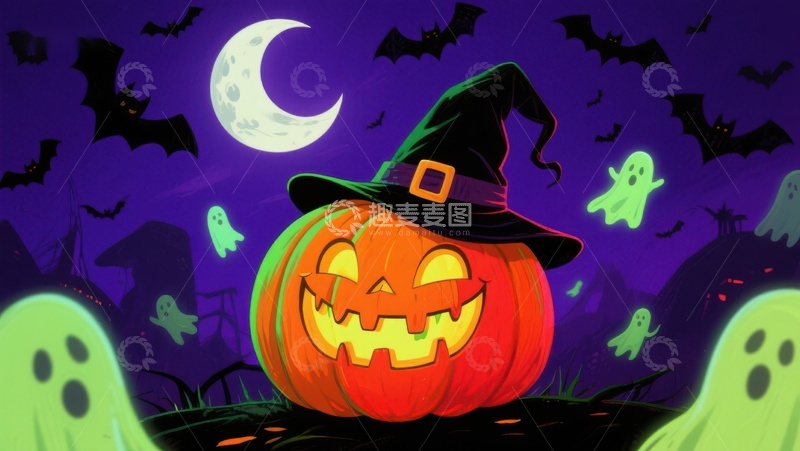 高清大图下载【趣麦麦图】万圣节南瓜灯与幽灵蝙蝠夜景