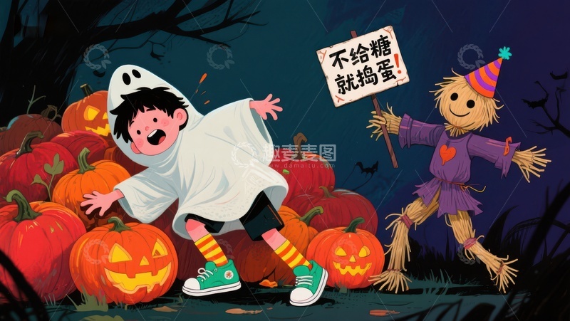 高清大图下载【趣麦麦图】万圣节夜，小孩与稻草人欢乐互动