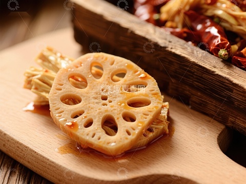 莲藕切片配辣椒，木质砧板上的美食
