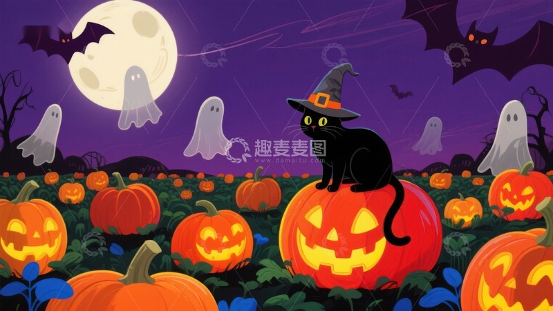 高清大图下载【趣麦麦图】万圣节夜景：黑猫与南瓜灯