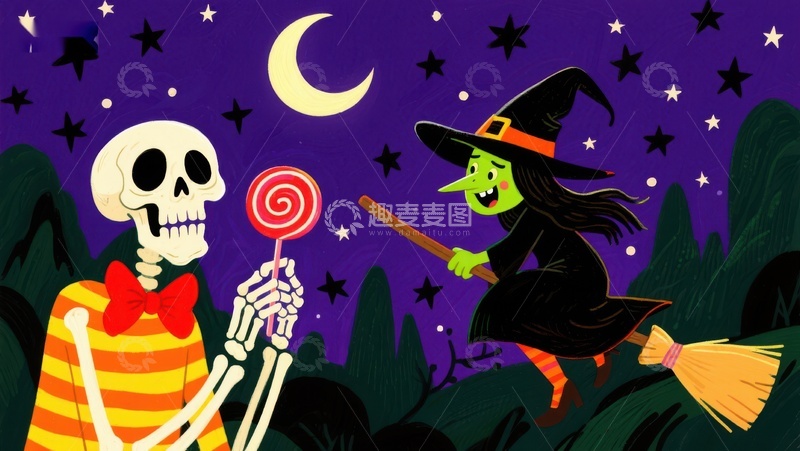 高清大图下载【趣麦麦图】万圣夜骷髅与女巫共享糖果