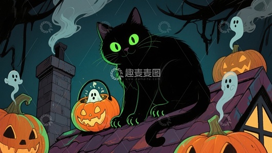 万圣夜屋顶上的黑猫与南瓜灯