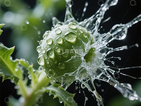 水滴撞击绿色果实瞬间