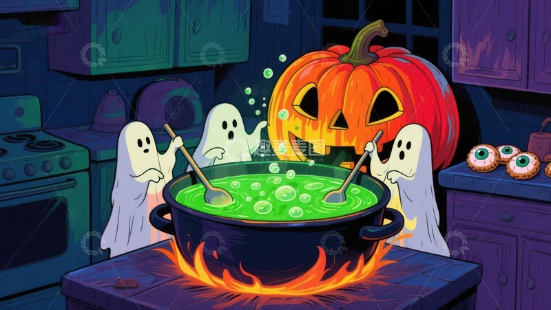 高清大图下载【趣麦麦图】万圣节厨房：幽灵与南瓜的魔法之夜