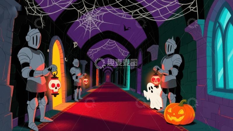 高清大图下载【趣麦麦图】万圣节城堡走廊的骑士与幽灵