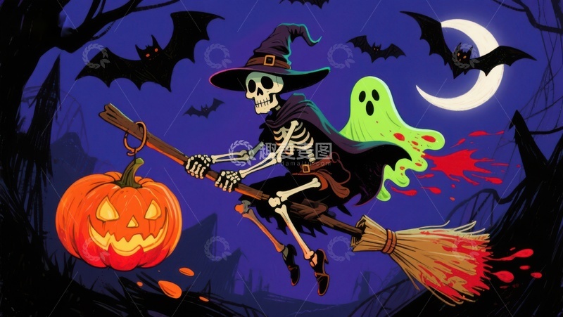 高清大图下载【趣麦麦图】万圣节骷髅巫师骑扫帚
