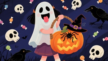 鬼魂装扮的女孩与南瓜灯