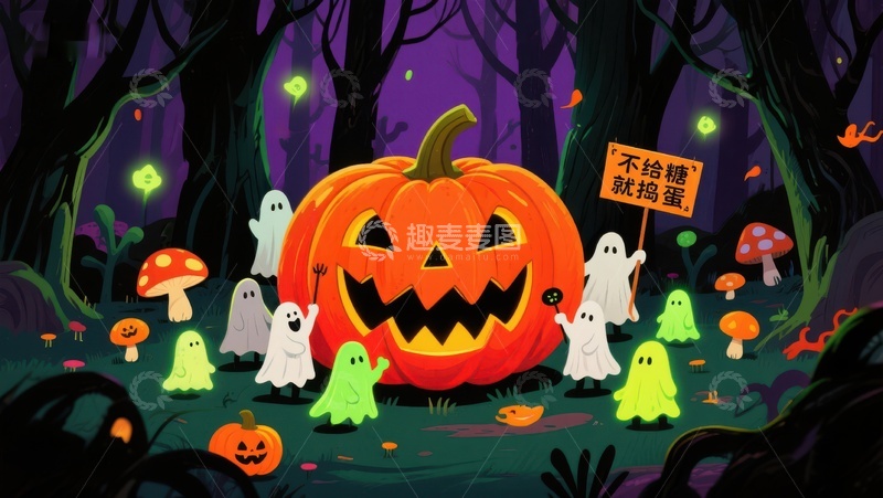 高清大图下载【趣麦麦图】万圣节南瓜与幽灵的森林夜景