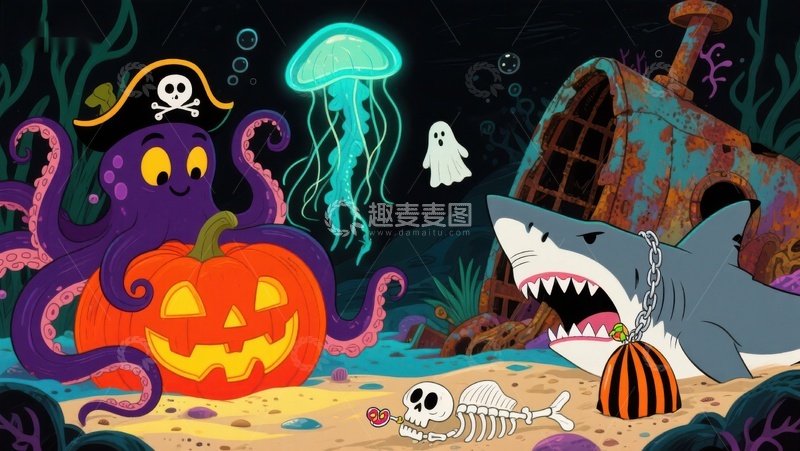 高清大图下载【趣麦麦图】海底万圣节：章鱼与南瓜灯的奇幻夜