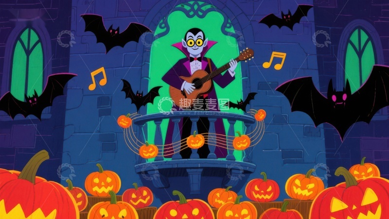 高清大图下载【趣麦麦图】吸血鬼弹吉他，蝙蝠环绕南瓜灯