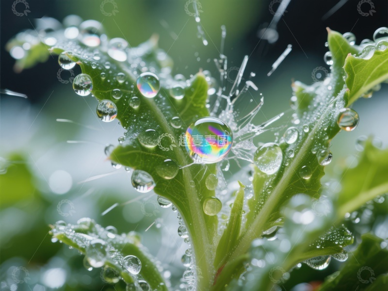 高清大图下载【趣麦麦图】叶尖水珠，彩虹折射