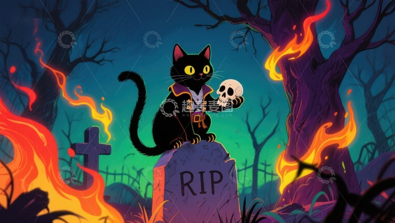 高清大图下载【趣麦麦图】黑猫夜访墓地，手持骷髅骨