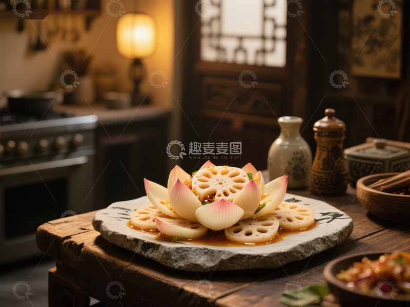 高清大图下载【趣麦麦图】莲藕切片与花瓣摆盘，古风厨房静谧呈现