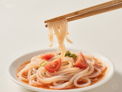 筷子夹起酸辣粉，诱人美食特写