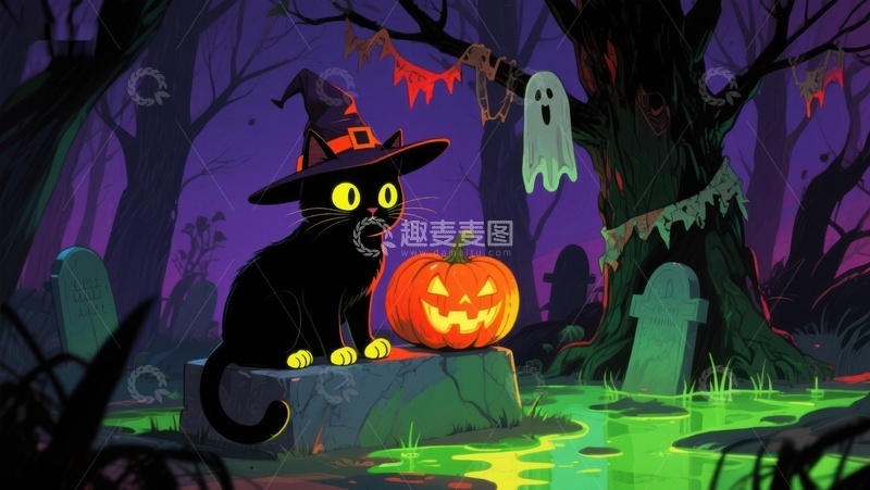 高清大图下载【趣麦麦图】万圣节夜景：黑猫与南瓜灯