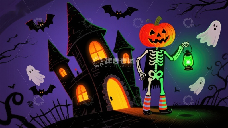 高清大图下载【趣麦麦图】万圣节南瓜骷髅与幽灵城堡