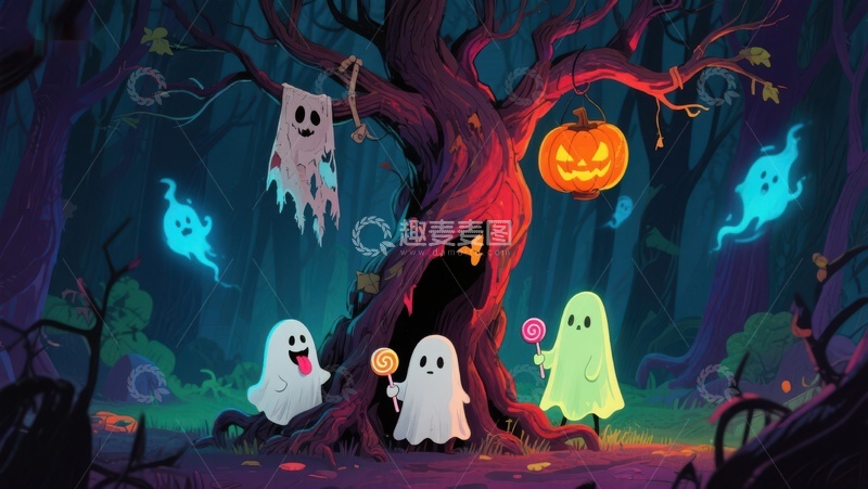 高清大图下载【趣麦麦图】万圣节森林中的幽灵与南瓜灯