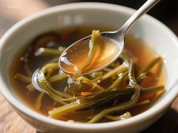 热汤中的蔬菜与勺子特写