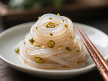 透明凉粉配青椒点缀