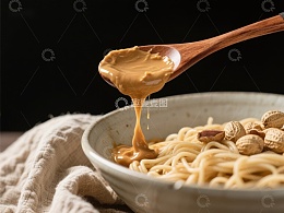 花生酱淋面，木质勺子倾倒