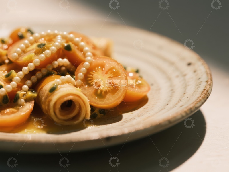 高清大图下载【趣麦麦图】珍珠装饰的番茄卷盘美食