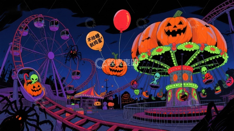 高清大图下载【趣麦麦图】万圣节主题游乐园夜景