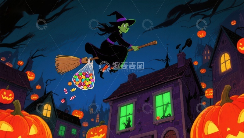 高清大图下载【趣麦麦图】万圣夜女巫骑扫帚撒糖果
