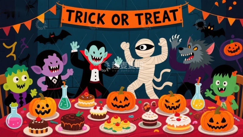 高清大图下载【趣麦麦图】万圣节派对：妖怪们共庆节日