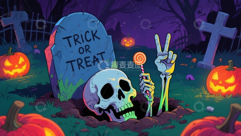 高清大图下载【趣麦麦图】万圣节墓地骷髅手拿糖果