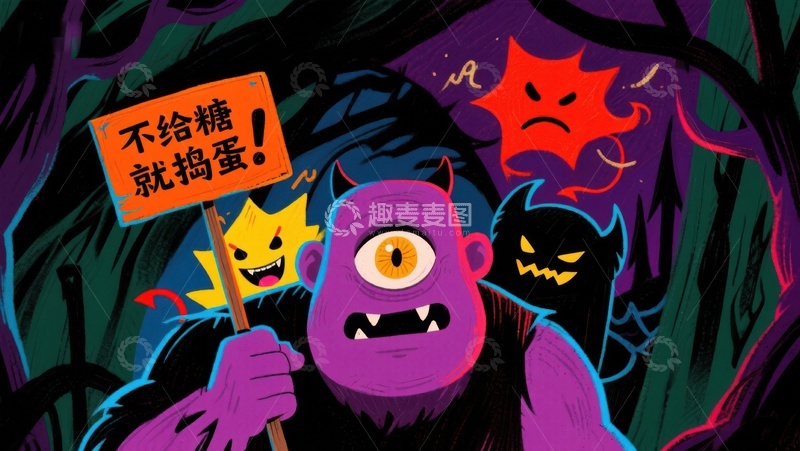 高清大图下载【趣麦麦图】万圣节怪物夜行，手持标语牌