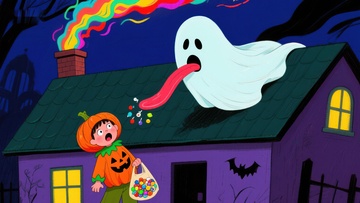 鬼魂从烟囱吐糖果给南瓜灯小孩