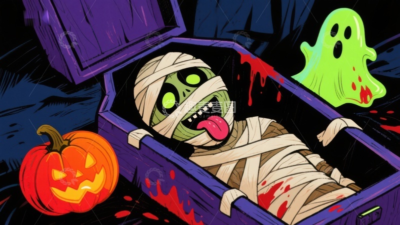 高清大图下载【趣麦麦图】木乃伊在棺材中吐舌头，旁边有南瓜灯和幽灵