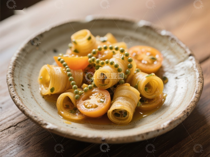 高清大图下载【趣麦麦图】卷状意面配樱桃番茄和绿珠装饰