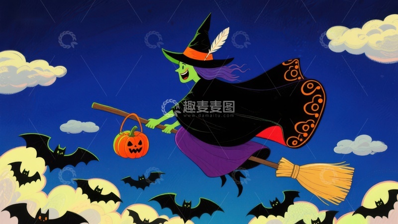 高清大图下载【趣麦麦图】万圣节女巫骑扫帚夜空飞翔