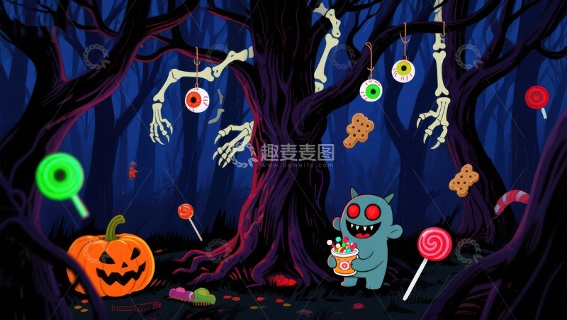 高清大图下载【趣麦麦图】万圣节森林中的糖果与怪物