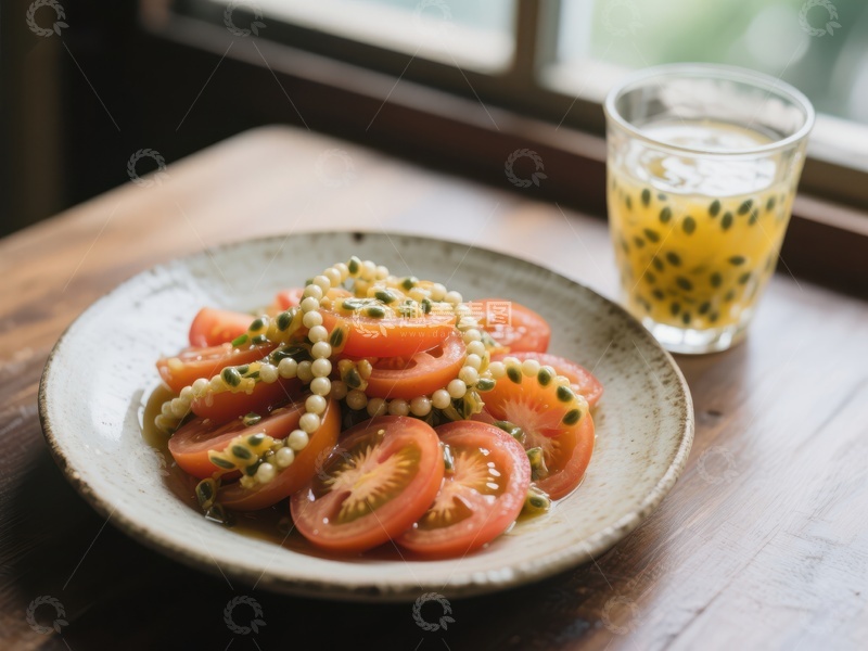 高清大图下载【趣麦麦图】番茄沙拉配百香果饮品