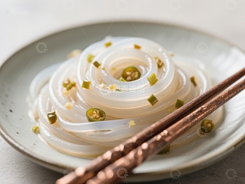 盘中螺旋状透明面条配青豆