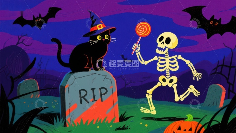 高清大图下载【趣麦麦图】万圣夜猫与骷髅的欢乐场景