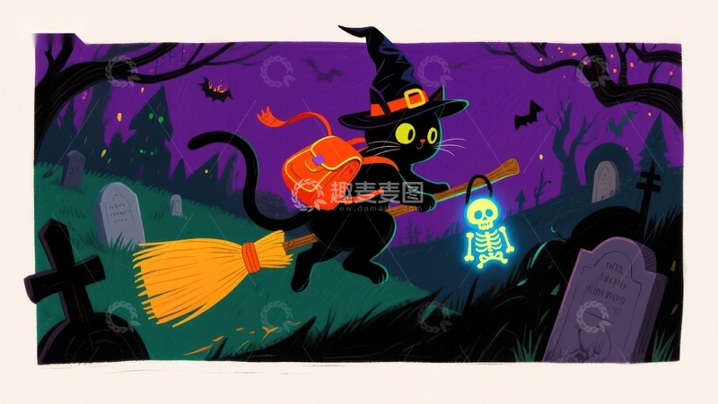 高清大图下载【趣麦麦图】万圣夜猫巫师飞过墓地
