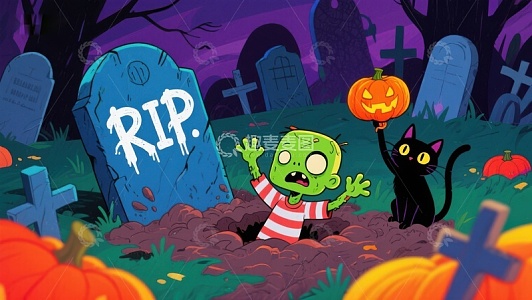 万圣节墓地里的僵尸与黑猫