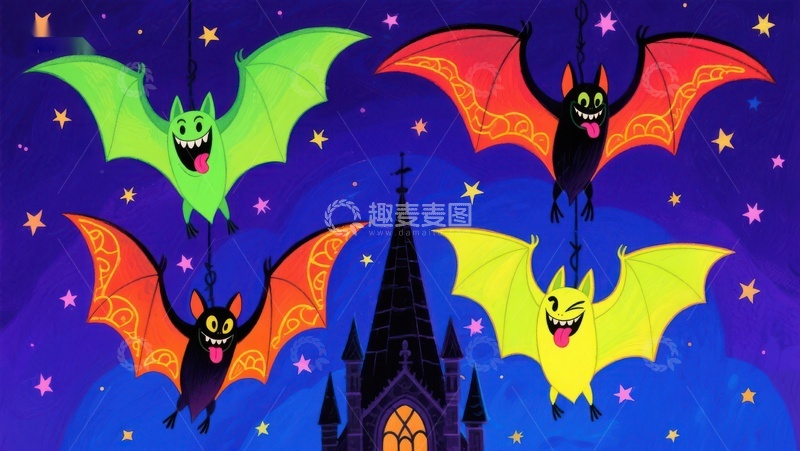高清大图下载【趣麦麦图】彩色蝙蝠夜空飞翔