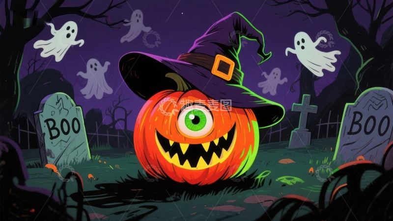 高清大图下载【趣麦麦图】万圣节南瓜灯与幽灵墓地场景