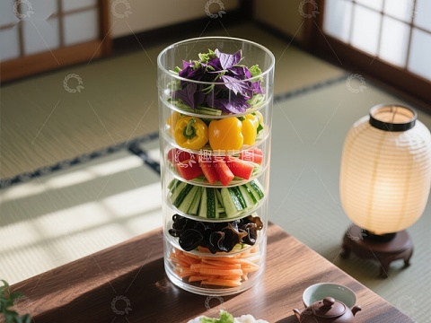 透明塔式容器中的色彩缤纷蔬菜