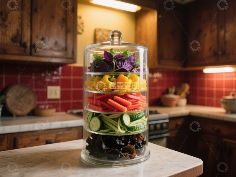 高清大图下载【趣麦麦图】厨房中的多层蔬菜保鲜罐