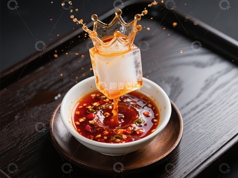 冰块落入辣椒酱，溅起皇冠状液体