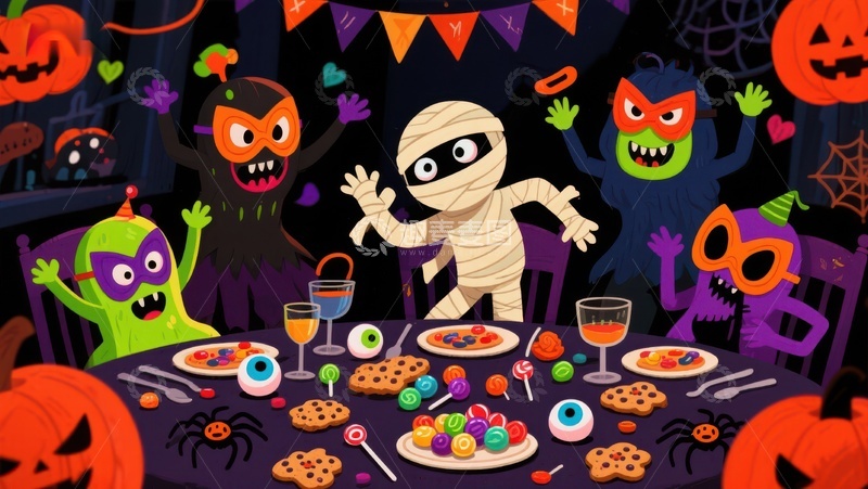 高清大图下载【趣麦麦图】万圣节派对：怪物们共进晚餐