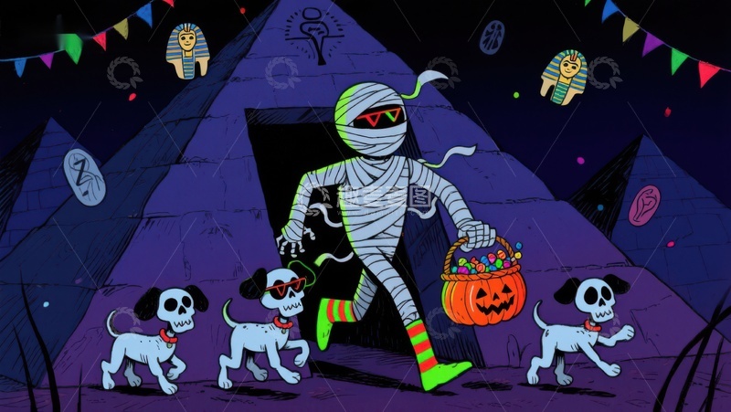 高清大图下载【趣麦麦图】万圣节木乃伊与骷髅狗的夜行