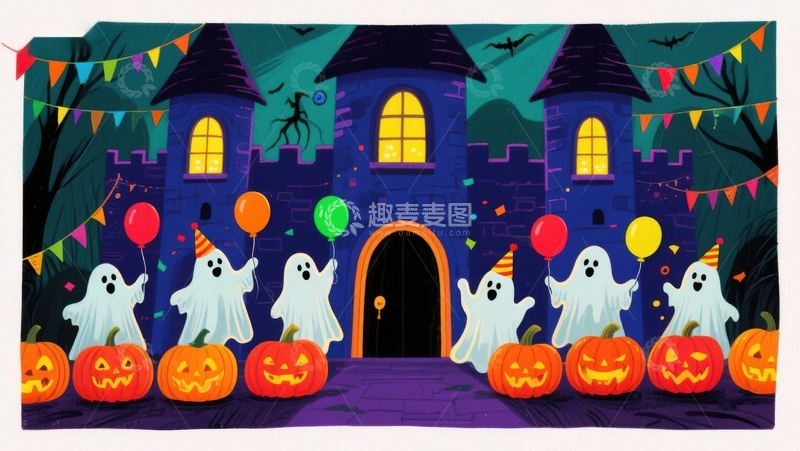 高清大图下载【趣麦麦图】万圣节城堡前的幽灵派对