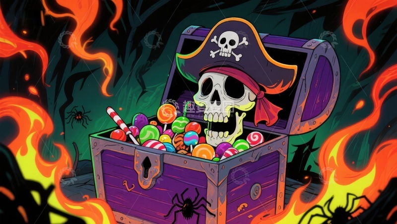 高清大图下载【趣麦麦图】海盗宝箱满载糖果，火焰环绕神秘夜景