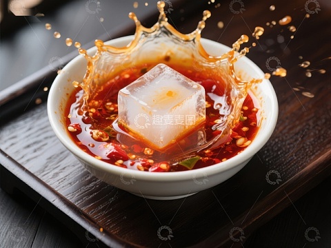 冰块落入辣椒酱中溅起水花